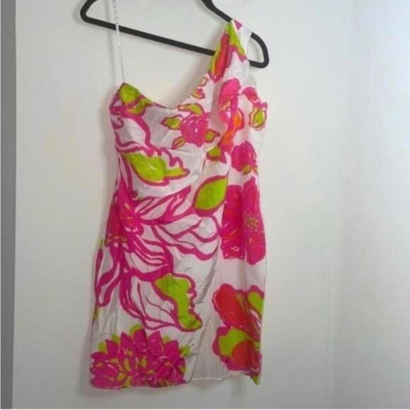 Lilly Pulitzer Pink Green White One Shoulder Floral Silk Blend Dress